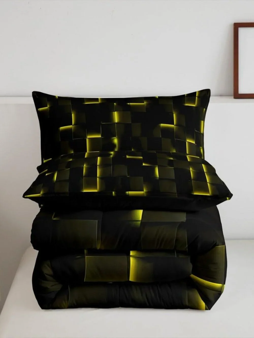 Neon Black Yellow Full Bedding Set,3D Geometric Checkered Comforter Set,Plaid Ab